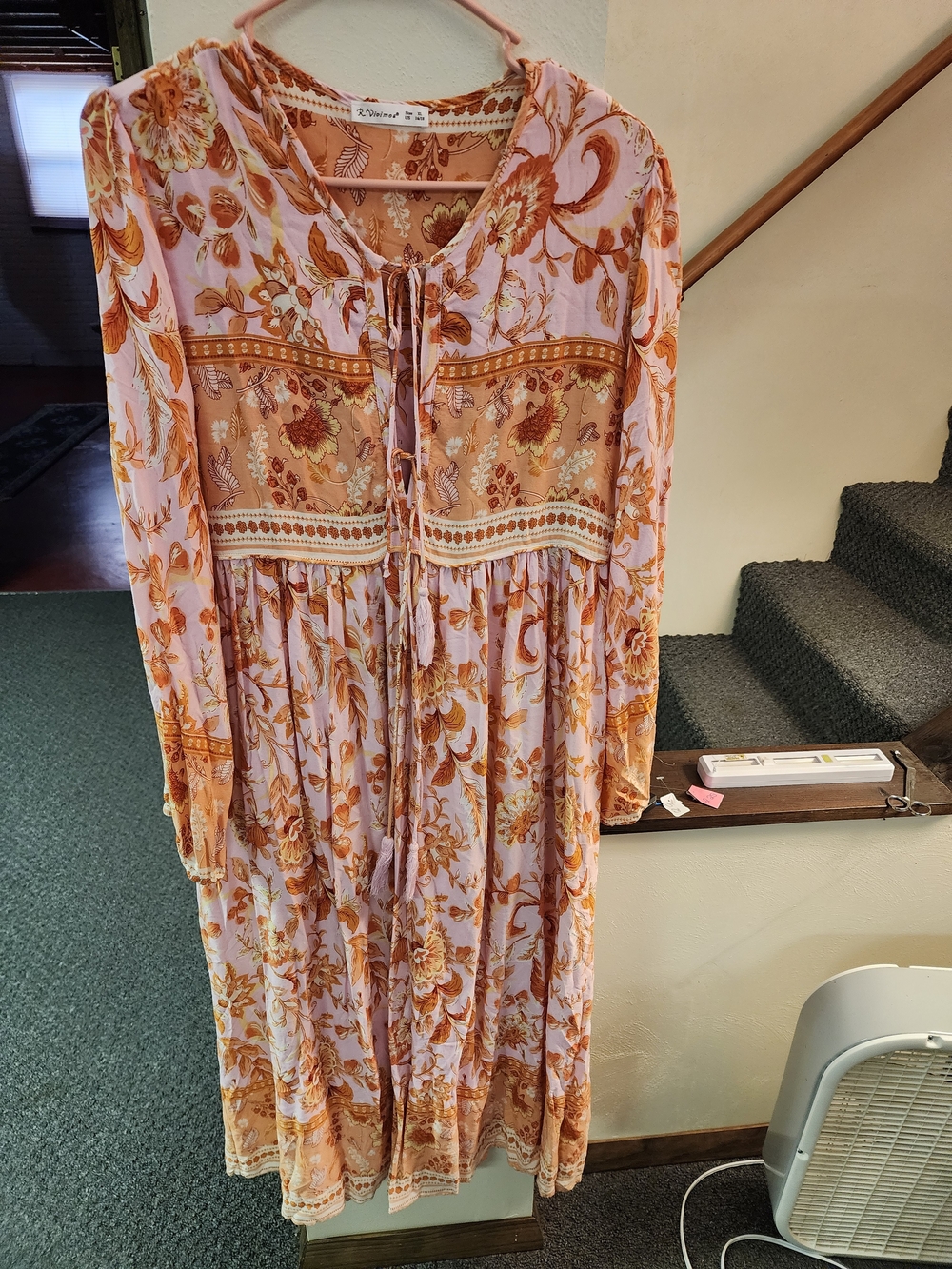 R Vivimos XL Boho Floral Tie-Front Maxi Dress in Dusty Pink and Rust